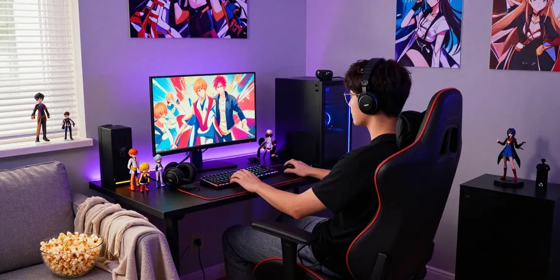 Player enjoying hentaigames on a vibrant monitor in a cozy gaming setup.