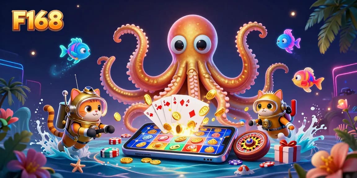 Engage with F168's thrilling gaming world featuring a kraken, diving cat, and vibrant slots!