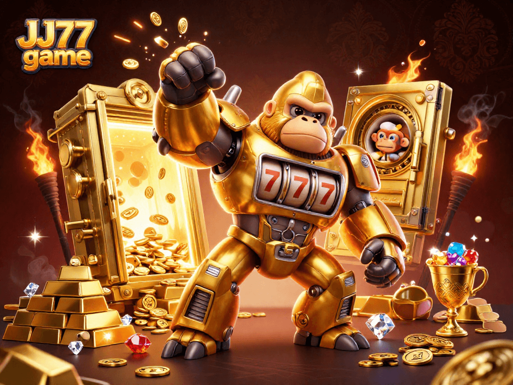 Immerse in the excitement of the JJ77 game with a vibrant 3D illustration of a golden gorilla mech.