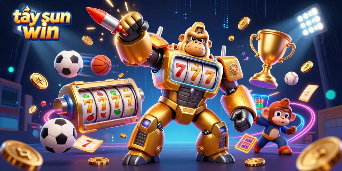 Engage in thrilling gameplay with tải sun win as a golden gorilla mech dominates the casino arena.