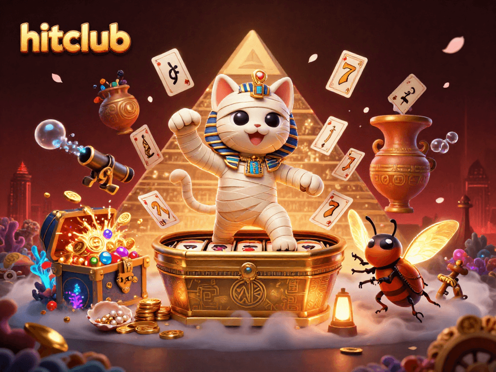 Hitclub showcases a vibrant 3D illustration with an Egyptian mummy cat, golden coins, and slot game elements.