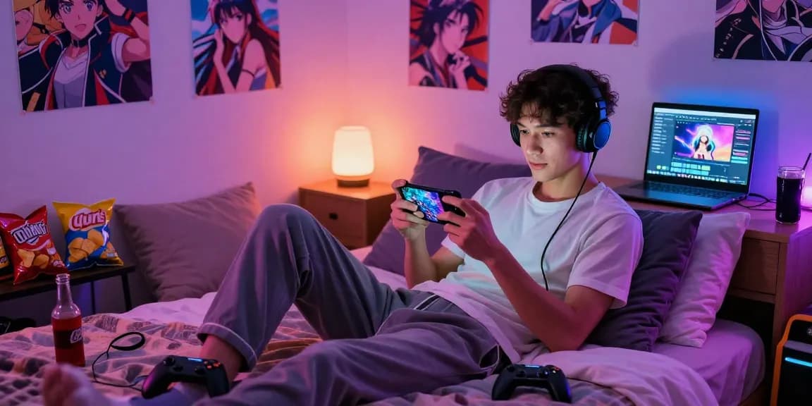 Engaged young man playing mobile hentai games in a cozy bedroom ambiance.