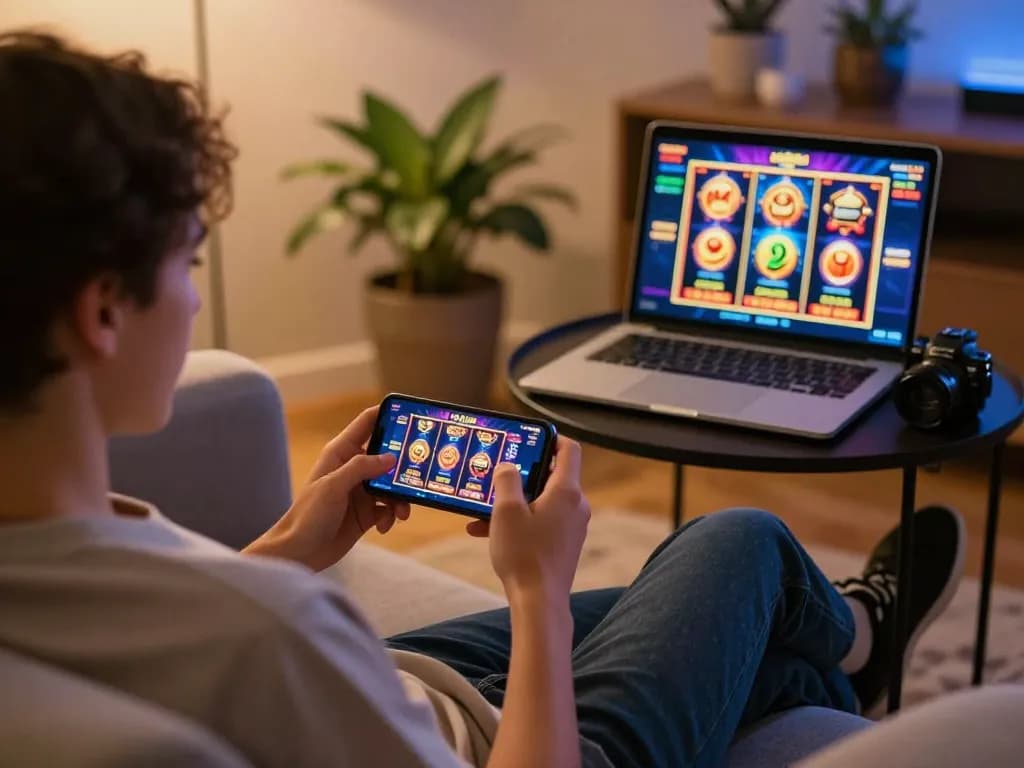 Player enjoying an exciting gaming session with link cm88 mới nhất on mobile, cozy home setup.