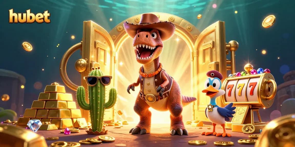 Experience the excitement of hubet with a dynamic scene featuring a T-Rex cowboy and vibrant gaming elements.