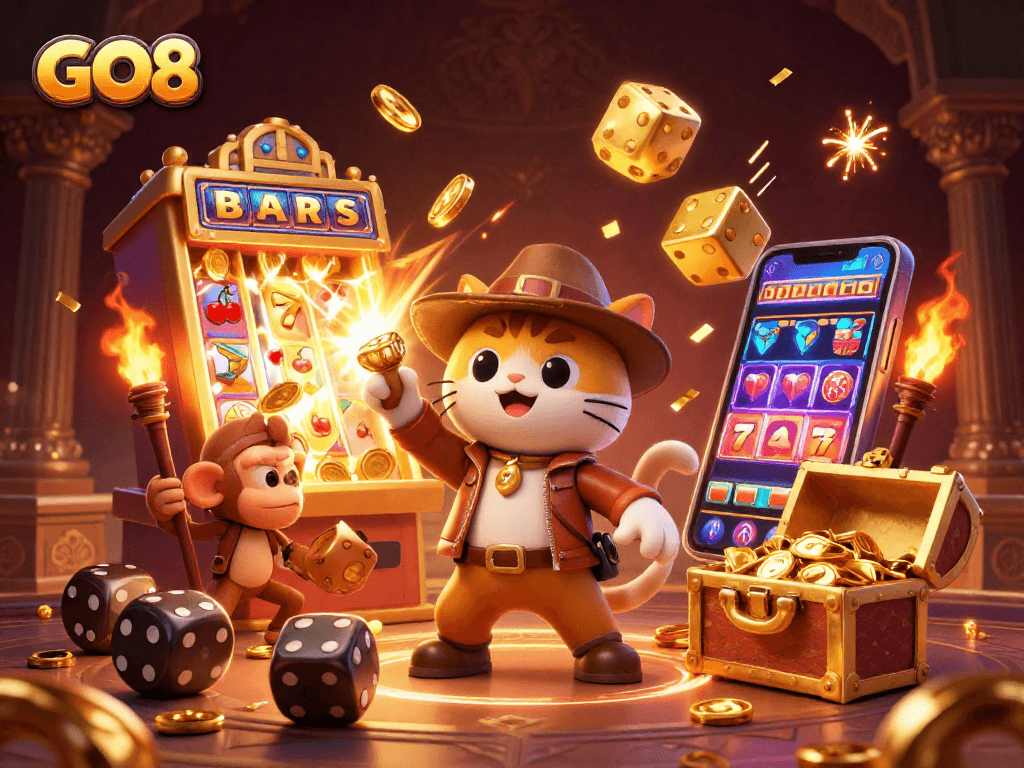 GO8 unveils a thrilling 3D casino adventure with an explorer cat discovering treasures and excitement in a colorful scene