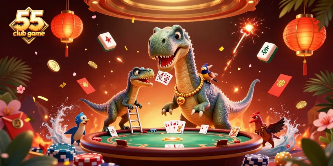Experience the thrill of the 55 club game with vibrant characters and casino elements in a festive scene.