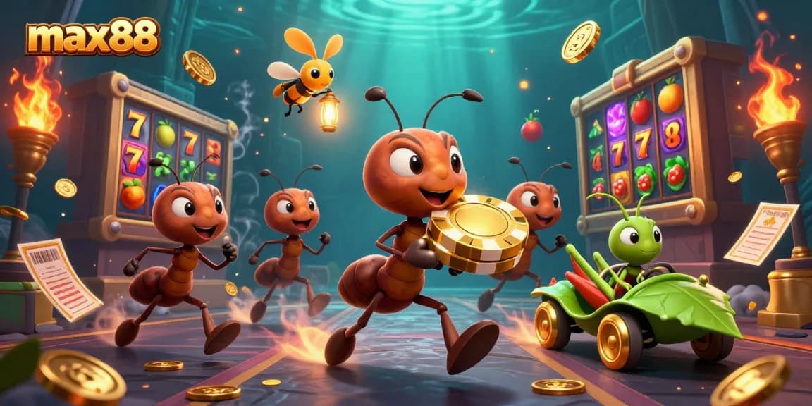 Experience the max88 excitement with ants heisting a golden poker chip amidst vibrant gaming elements.