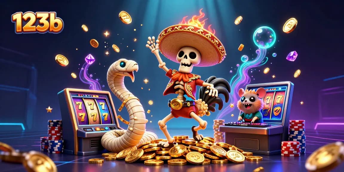 Engage in thrilling gameplay with 123b's slot machine and exciting characters in a vibrant casino scene.