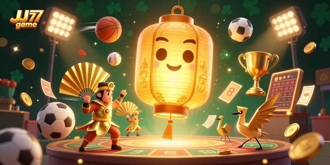 Engage with the JJ77 game for thrilling sports betting and winning opportunities in a vibrant 3D casino scene.