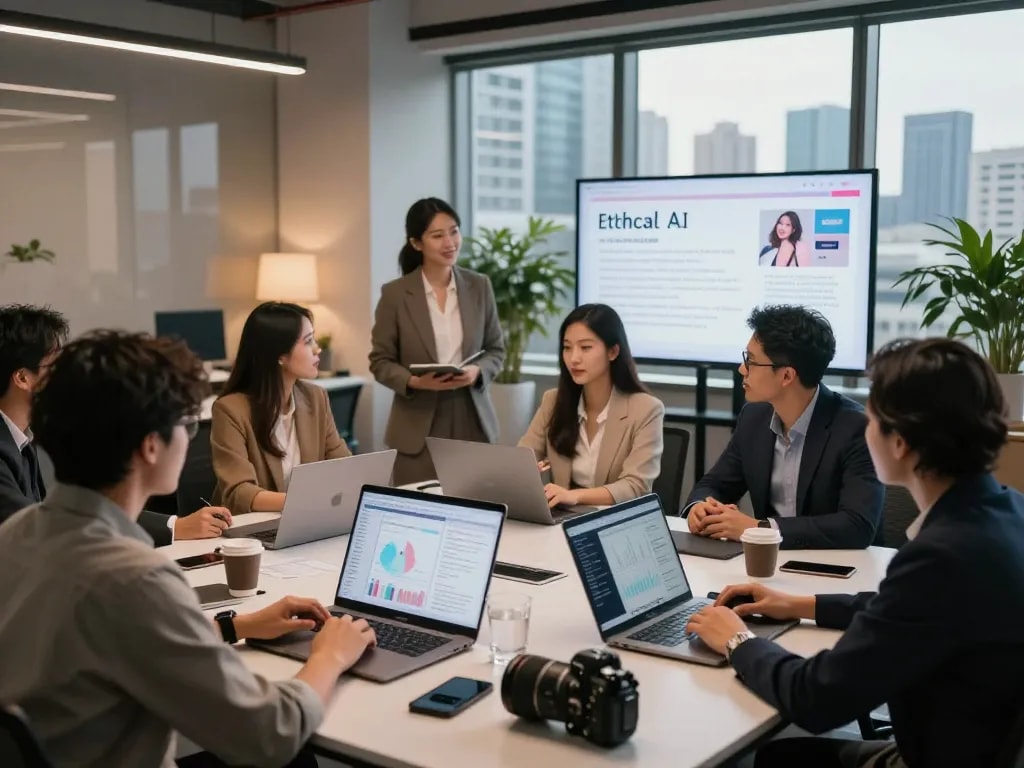 AI innovations in sexual health showcasing ethical practices in sex ai amidst professionals collaborating in a modern workspace.