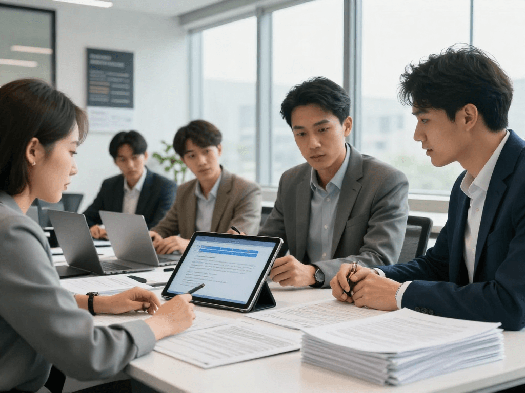 Team analyzing document fraud detection strategies in a modern office environment.