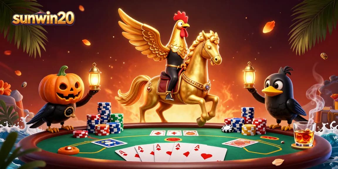Join the thrilling action at the sunwin20 poker table with golden rooster characters and vibrant casino elements.