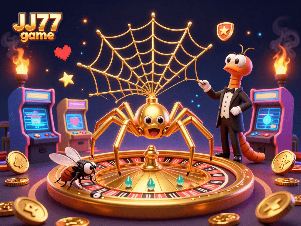 Engage in the JJ77 game with a whimsical illustration of a spider and croupier at a roulette wheel.
