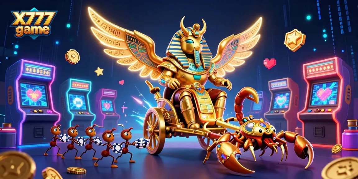 X777 game illustration with colossal scarab beetle and gaming elements amidst vibrant casino vibes.