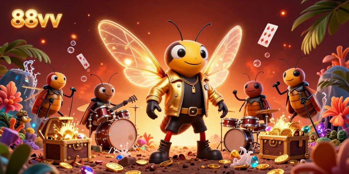 Join the excitement at 88vv, where a cicada rock star and friends celebrate winning moments in an underwater casino.