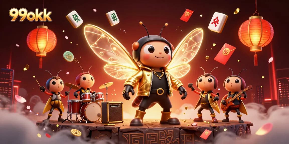 Engaging 99okk casino illustration with cicada rock star, beetle drummer, and festive elements