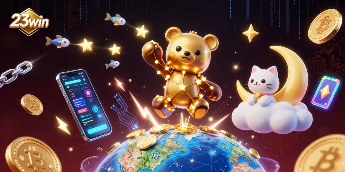 Engage with exciting gaming at 23win as a constellation bear scoops up coins in a vibrant 3D scene.