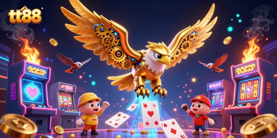 Experience the thrill of tt88 with a 3D golden eagle navigating through dazzling casino elements and jackpot slots.