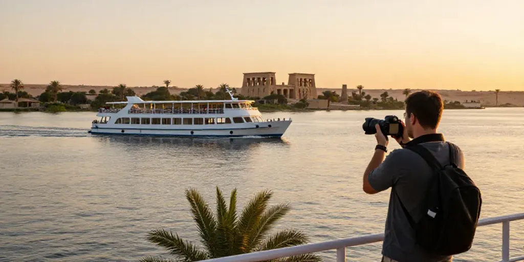 Lake Nasser Cruise with traveler photographing stunning sunset over ancient Nubian temples.
