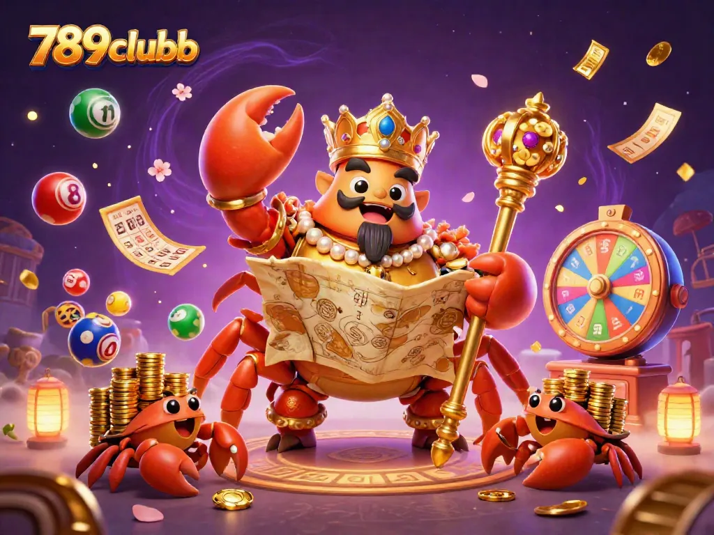 Engage with 789clubb's vibrant lottery experience featuring an emperor crab, chips, and colorful lottery elements.