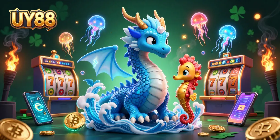 Engage in UY88's thrilling gaming environment with a vibrant underwater illustration of a water dragon and seahorse knight.