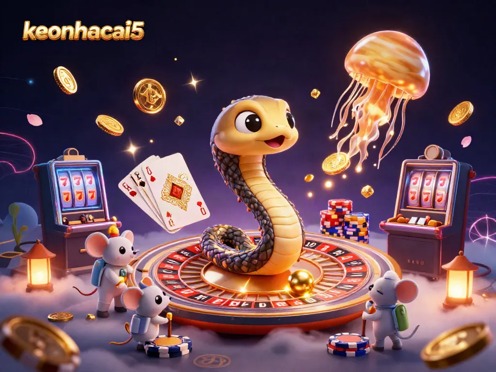 Experience thrilling bets with keonhacai5 as a cosmic dealer and vibrant characters in a dynamic casino scene.