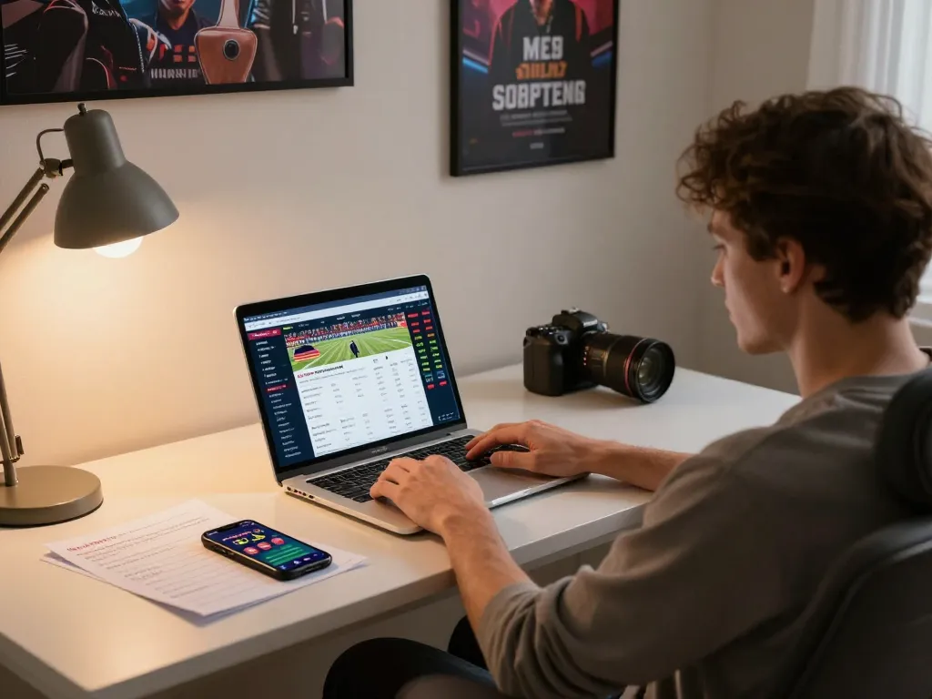 Tham gia cá cược thể thao với Link 12bet trên laptop, trong không gian văn phòng hiện đại.