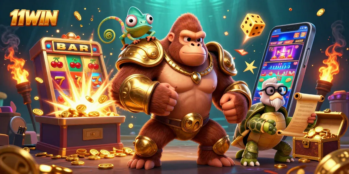 Win big with 11WIN as a 3D cartoon gorilla reigns alongside colorful casino symbols.