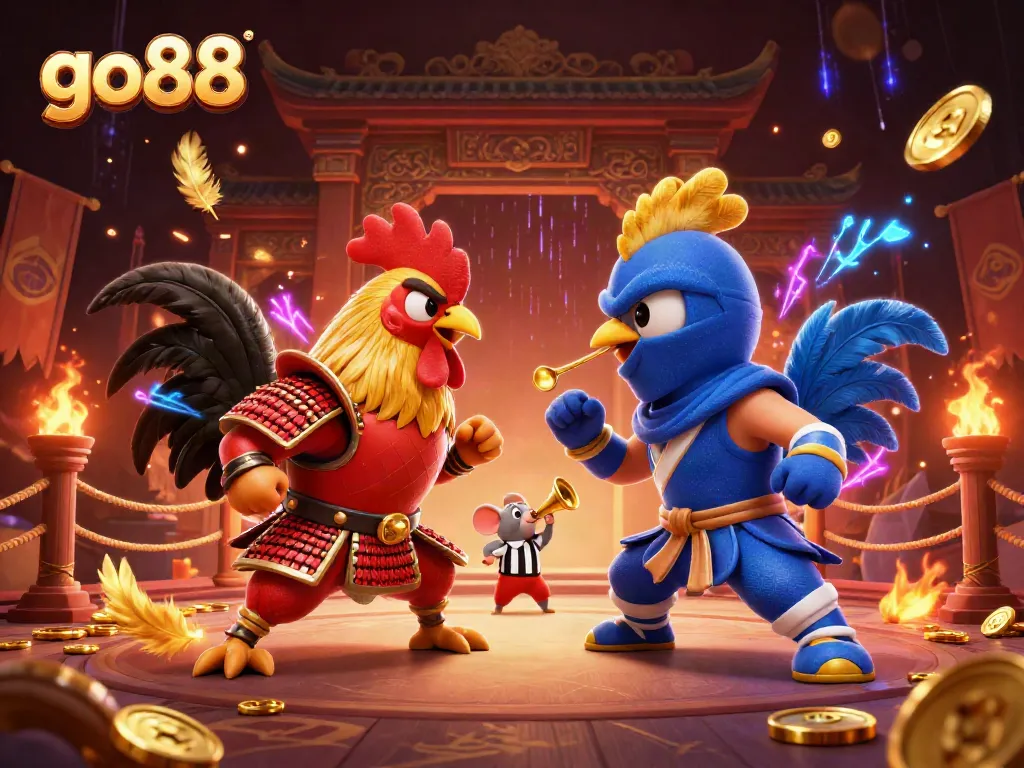 Witness go88's captivating duel of roosters in an electrifying casino arena illustration.