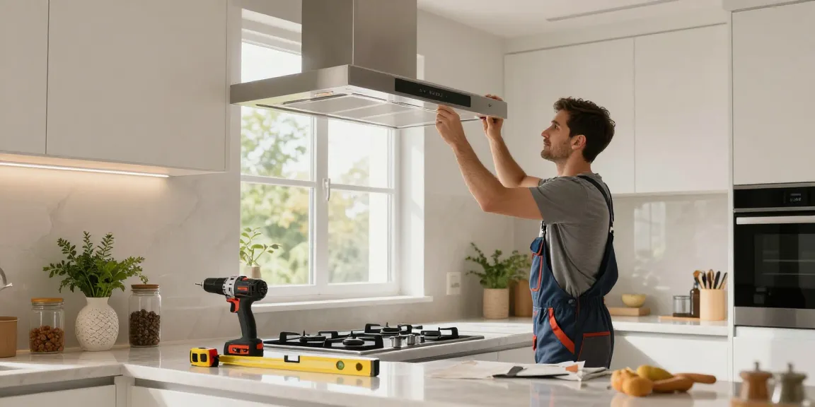 Exhaust hood installation process in a bright modern kitchen with a contractor and tools.