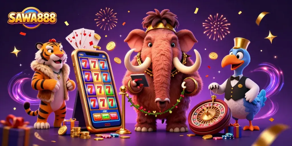 SAWA888 invites players to explore a vibrant casino scene with a mammoth bouncer, VIP tiger, and dodo doorman.