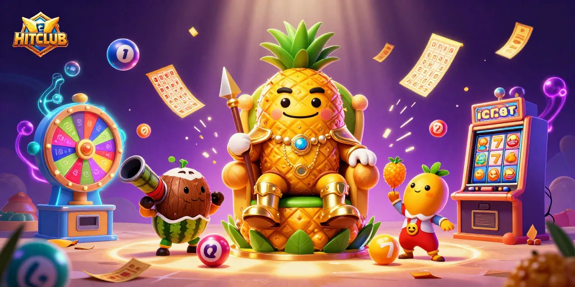 Experience excitement at HITCLUB with the golden pineapple king and vibrant casino elements.