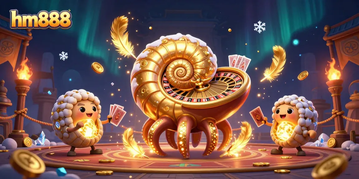 Engaging nautilus character visualizes gambling excitement at hm888 with cards and casino elements.