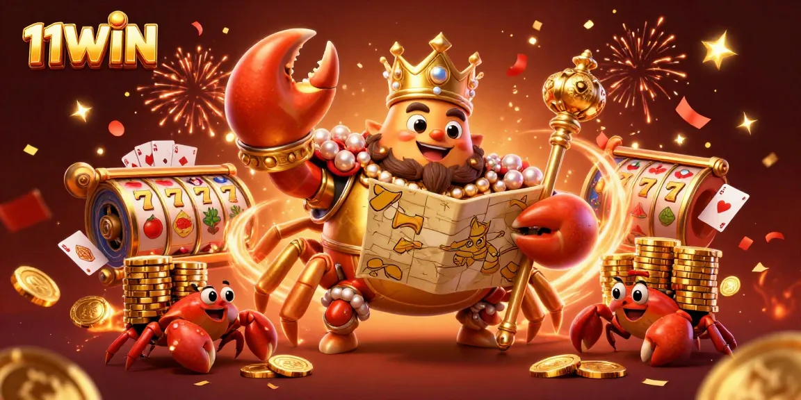 Join the thrills at 11WIN with a rich casino-themed scene featuring a golden crab emperor.