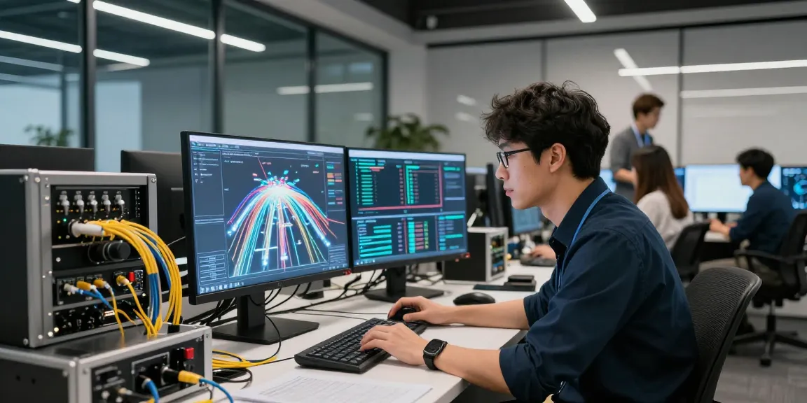 Engineers collaborating on fiber connections in a modern tech workspace