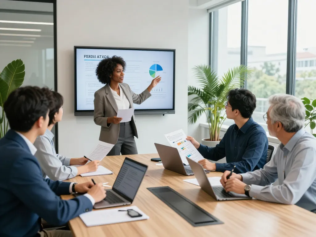 Diverse professionals collaborating in a modern conference room representing leading search firms in strategic hiring discussions.