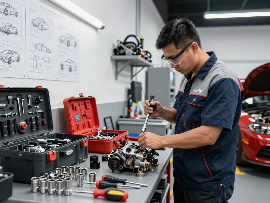 Mechanic using hazet tools in a well-lit automotive workshop
