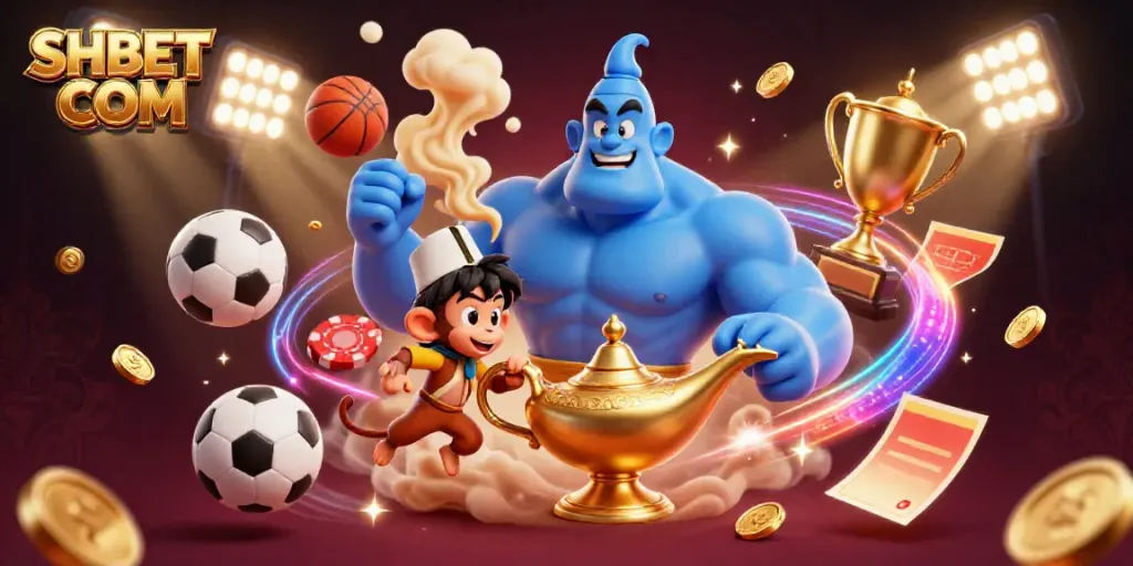 Engage with SHBET COM's thrilling casino experience through this vibrant genie illustration.