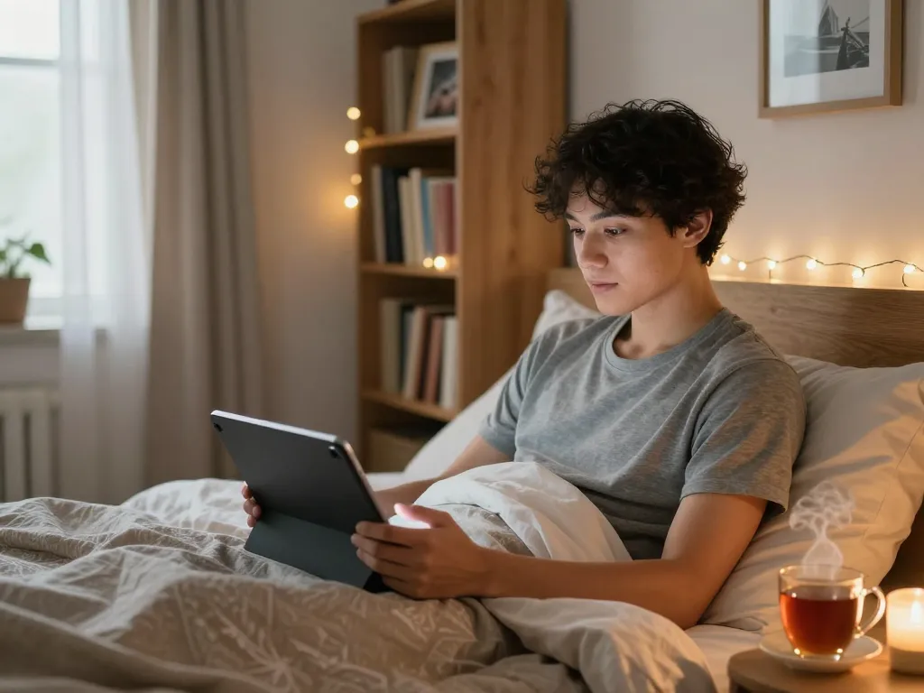Engaging interaction with an AI nsfw companion in a cozy bedroom setting.