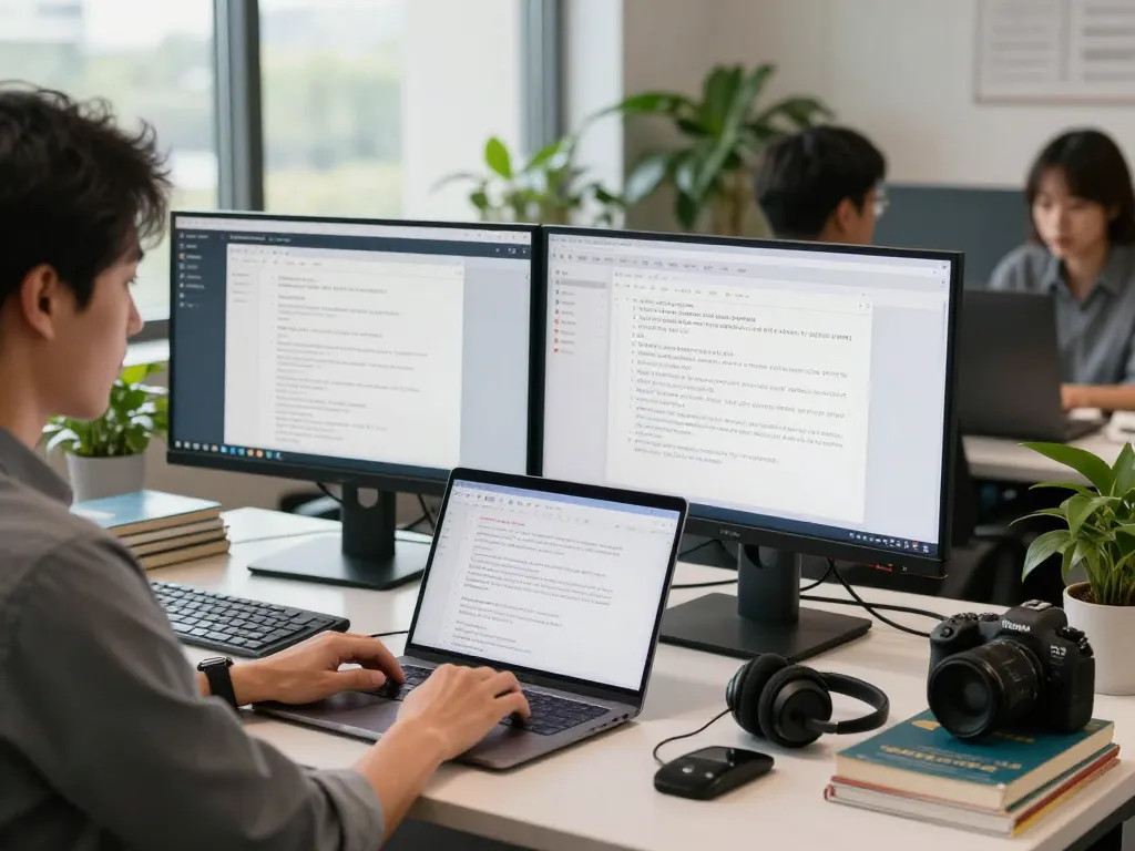 专业语言学家在现代办公空间中使用有道词典，周围有协作元素和柔和的灯光。