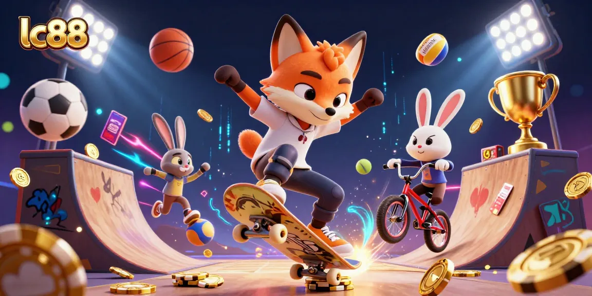Experience the thrill of lc88 with a skateboarder fox and BMX rabbit amidst flying sports elements and casino symbols.