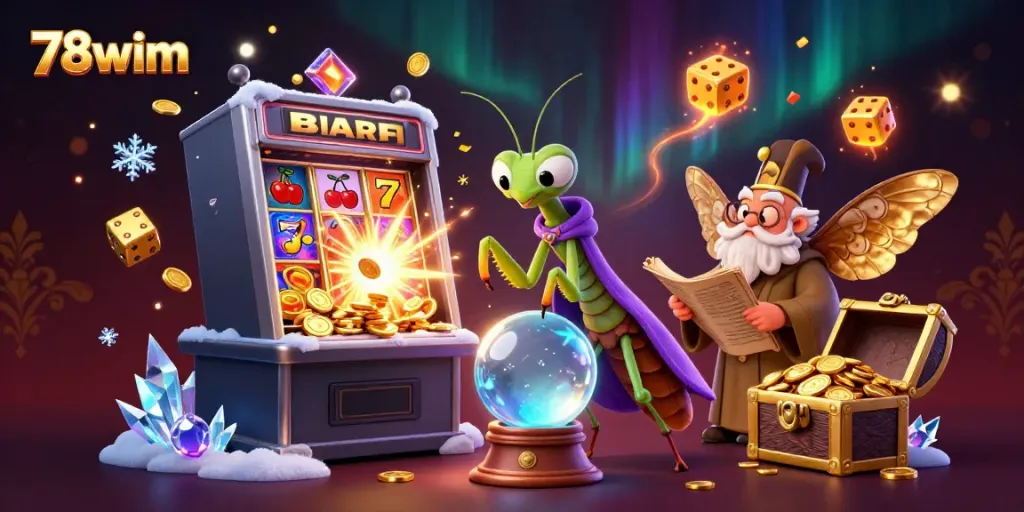 Join the adventure with 78wim as whimsical characters unveil jackpot treasures in a dynamic casino scene.
