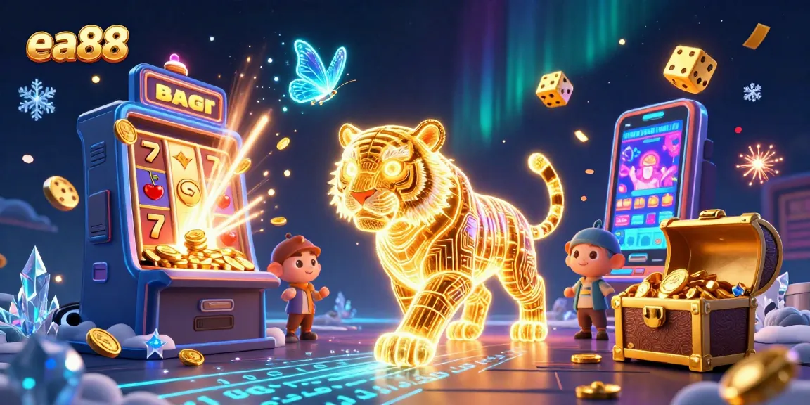 Play exciting games at ea88, featuring a vibrant golden tiger in a dazzling casino environment.