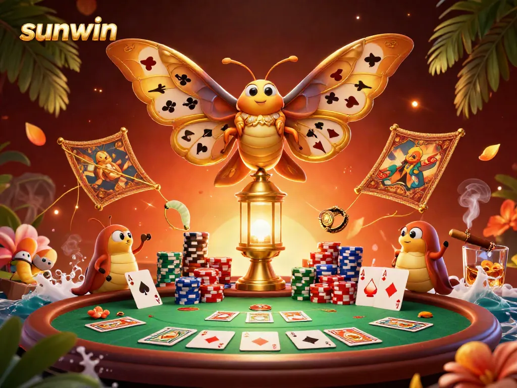 Experience sunwin's vibrant casino world with stunning golden moths, poker elements, and illuminated scenes