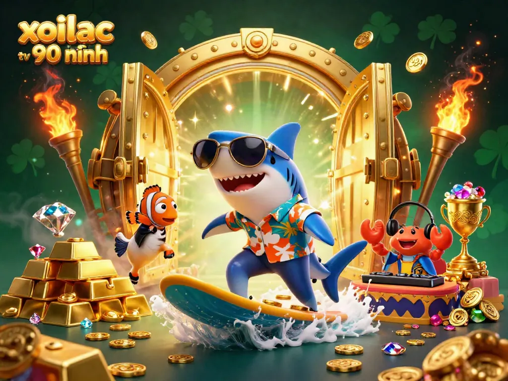 Exciting scene of the shark surfing coins in a vibrant casino-themed world, showcasing xoilac tv 90 phút.