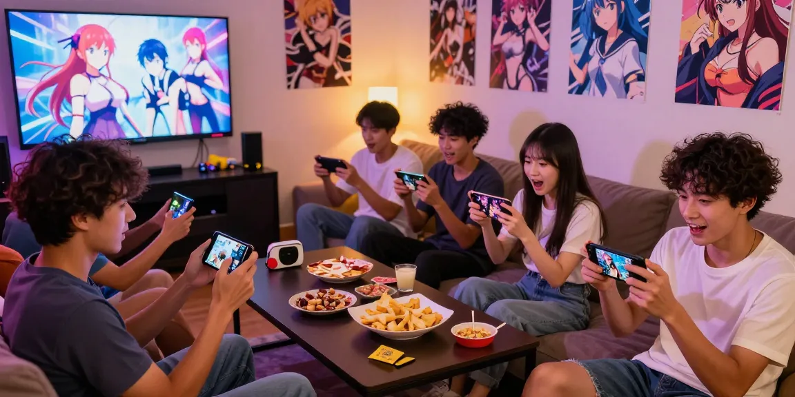 Group playing hentai games in a vibrant gaming lounge, showcasing excitement and interactive anime visuals.