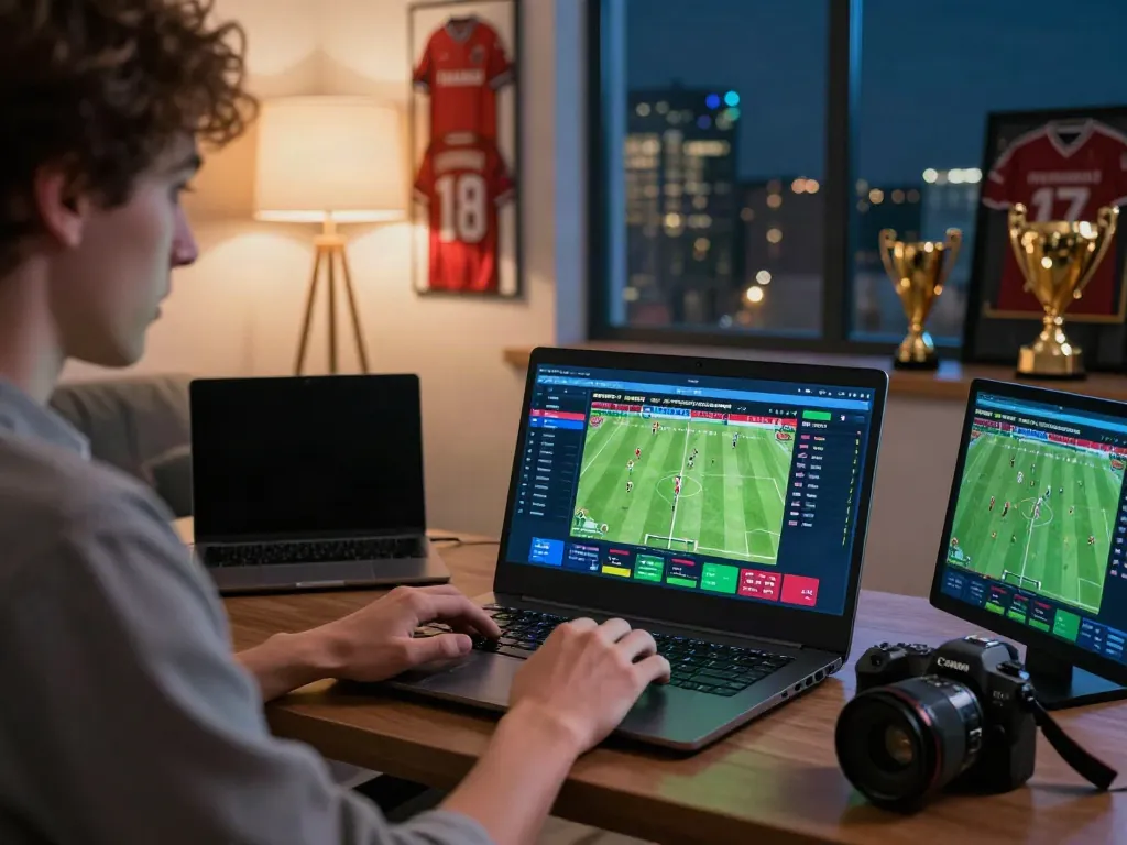 Engaged user exploring debet com football betting on a laptop in a vibrant gaming setup.
