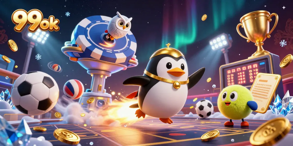 Experience the thrill of 99ok as a golden penguin launches toward a casino in space, surrounded by dynamic sports elements.