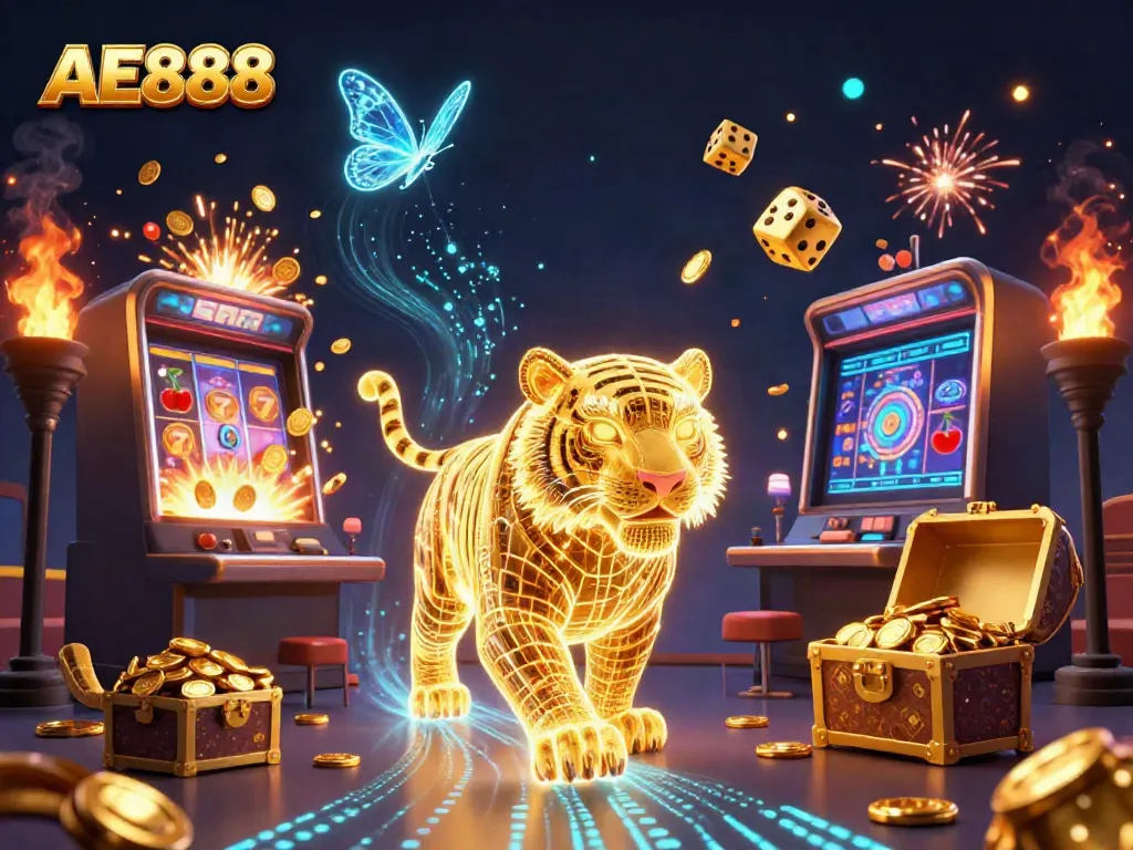 Experience excitement with AE888 in a vibrant digital casino scene featuring a golden tiger and jackpots.