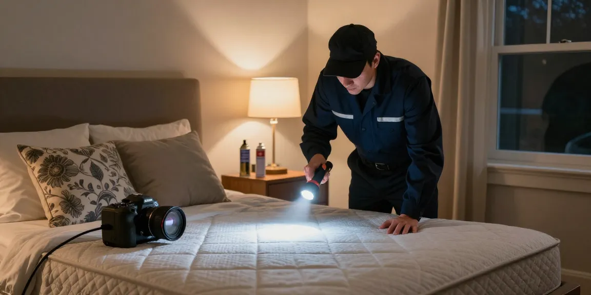 Effective bed bug control methods in a Milwaukee home bedroom during inspection by a professional exterminator.